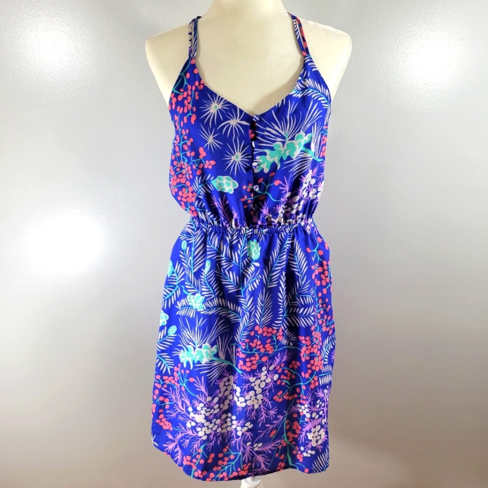 YUMI KIM blue floral printed cross back sleeveless pull on mini dress